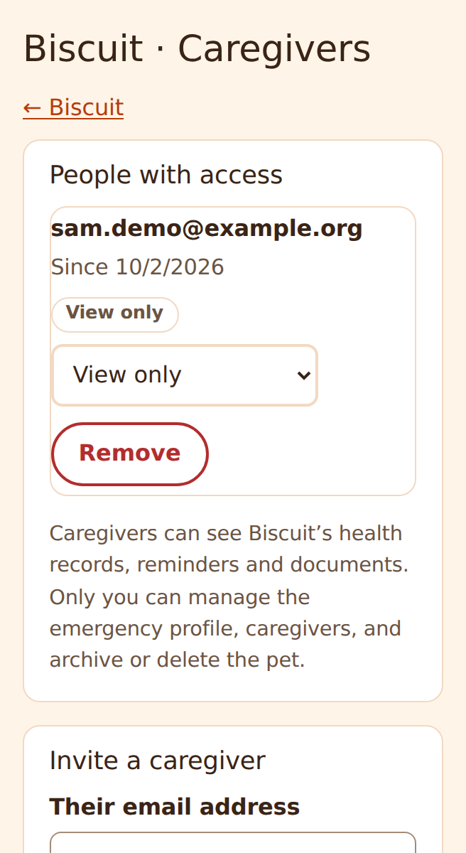 The caregivers screen showing who can see a pet's care details