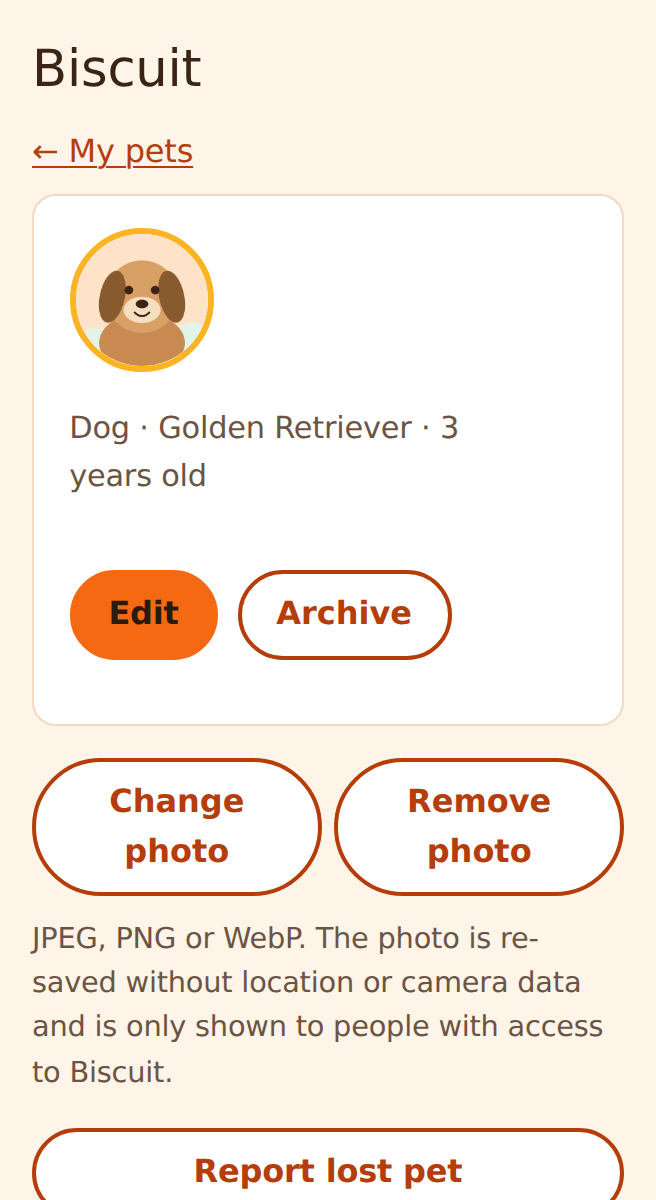 The SweetCutePets pet dashboard showing a pet profile