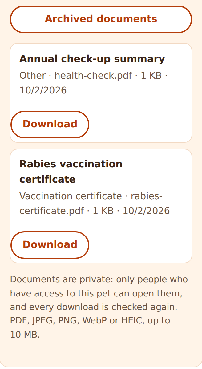 The documents screen with a pet's stored records