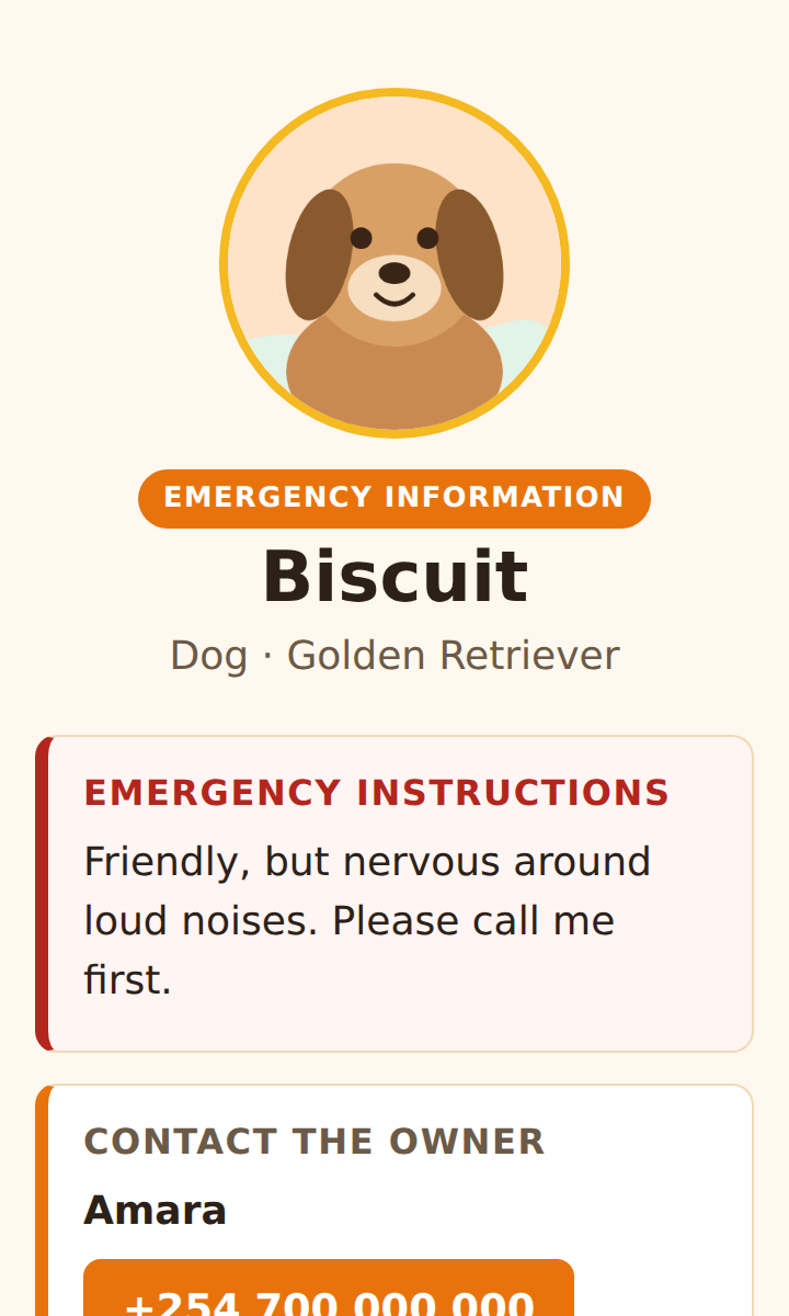 The public emergency page shown after scanning the pet's QR code