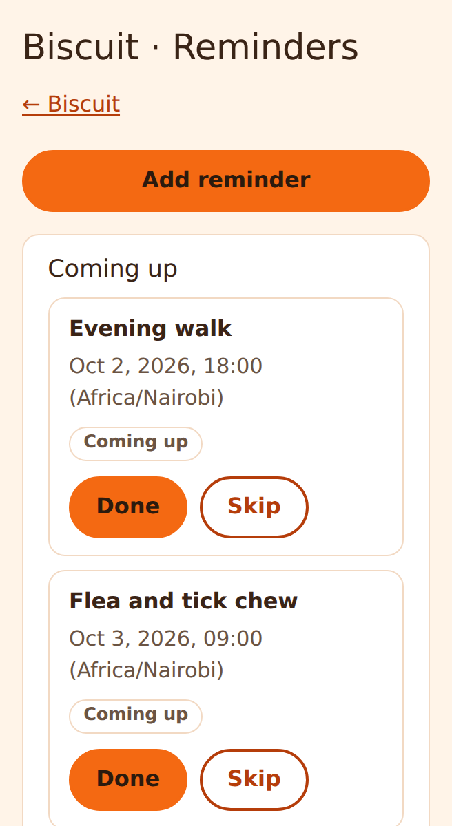 The reminders screen with upcoming care tasks